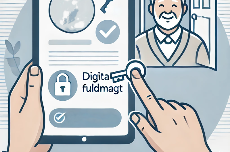 AI-genereret: Dall·e 2025 03 14 15.26.20 a clean and friendly illustration in a modern, minimalist style, depicting the concept of 'digital power of attorney' (digital fuldmagt). a person is