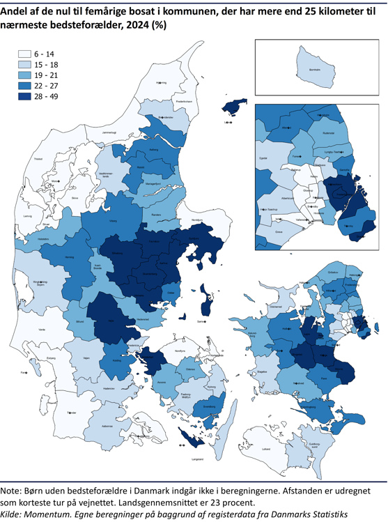 Kommunalopdelt Danmarkskort der viser andelen af de nul til femårige bosat i kommunen, der har mere end 25 kilometer til nærmeste bedsteforælder i 2024