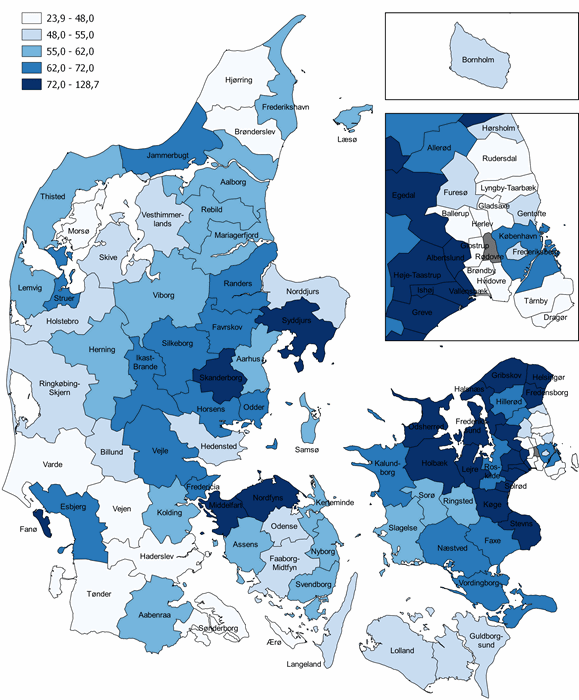 Figur 7. Ændring i antal 80-årige og derover fra 2020 til 2030, pct.