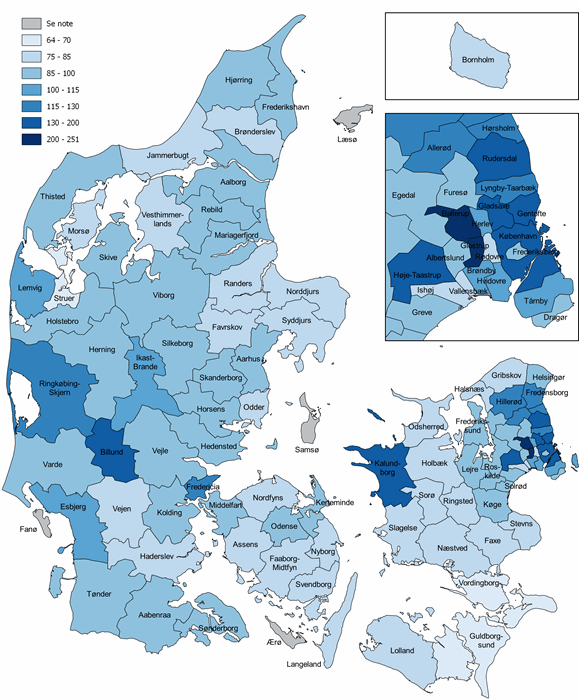 Figur 2. BNP pr. indbygger, korrigeret for løn fra pendling, 2017, hele landet = 100