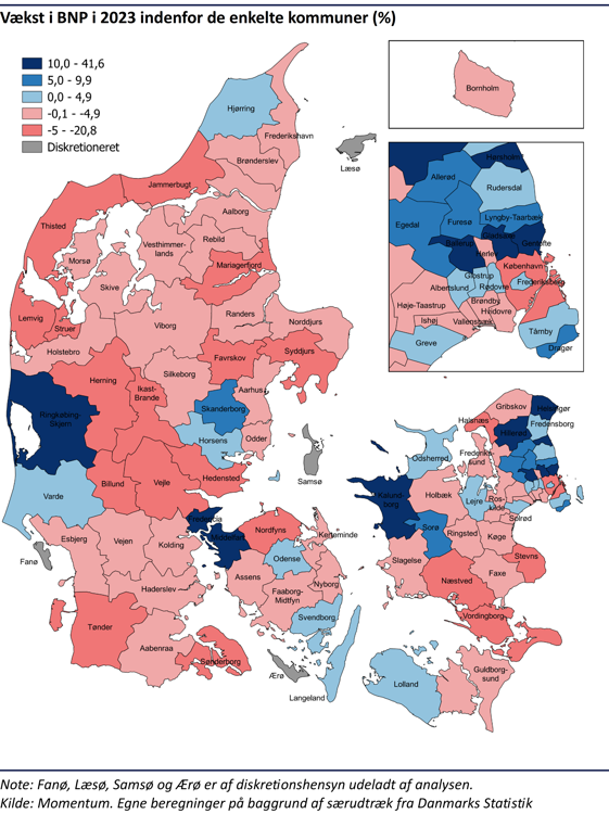 Kommuneopdelt Danmarkskort der viser vækst i BNP i 2023 indenfor de enkelte kommuner