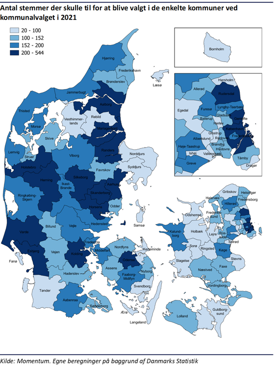 Danmarkskort opdelt i intervaller for det mindste antal stemmer der skulle til for at komme i kommunalbestyrelsen