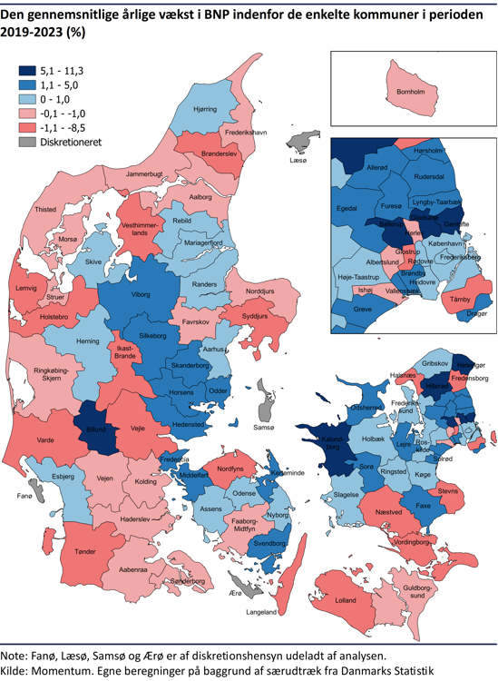 Kommuneopdelt Danmarkskort der viser den gennemsnitlige årlige vækst i BNP indenfor de enkelte kommuner fra 2019 til 2023