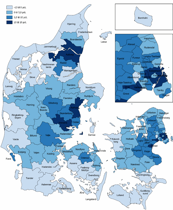 Figur 1 Befolkningstilvækst fra 1. januar 2011 til 1. januar 2021, pct.