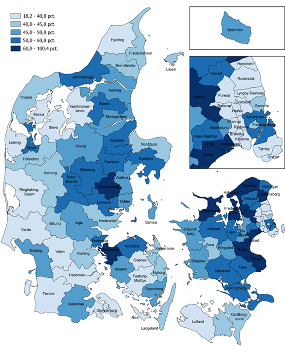 Figur 7. Ændring i antal 80-årige og derover fra 2022 til 2030, pct.