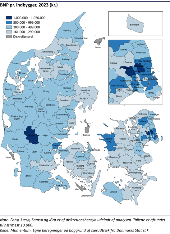 Kommuneopdelt Danmarkskort der viser BNP per indbygger indenfor de enkelte kommuner i 2013