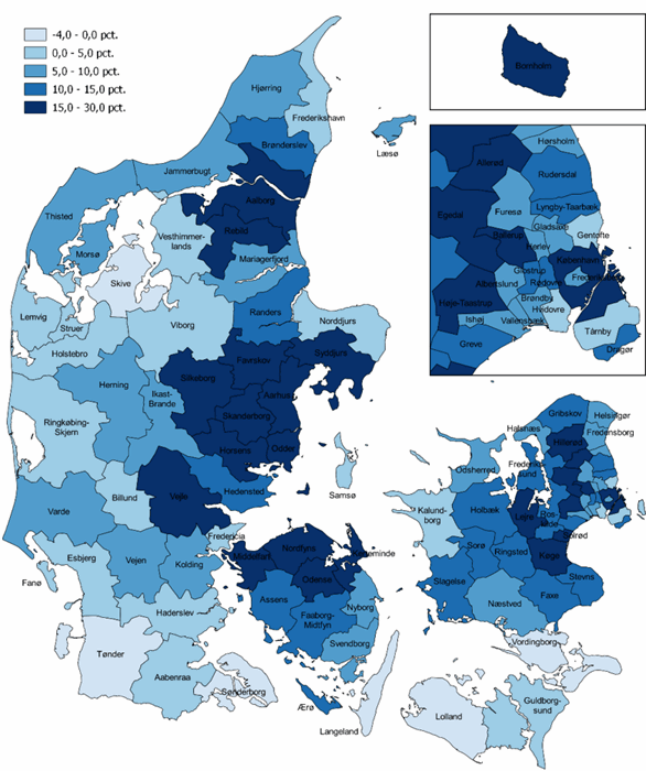 Figur 4. Ændring i antal 0-5 årige 2022-2030, pct