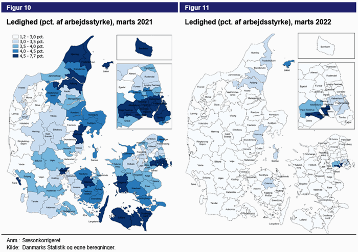Figur 10. Ledighed (pct. af arbejdsstyrke), marts 2021. Figur 11. ledighed (pct. af arbejdsstyrke,) marts 2022