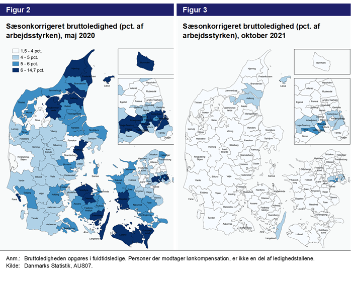 Figur 2. Sæsonkorrigeret bruttoledighed (pct. af arbejdsstyrken), maj 2020. Og Figur 3. sæsonkorrigeret bruttoledighed (pct. af arbejdstyrken), oktober 2021.