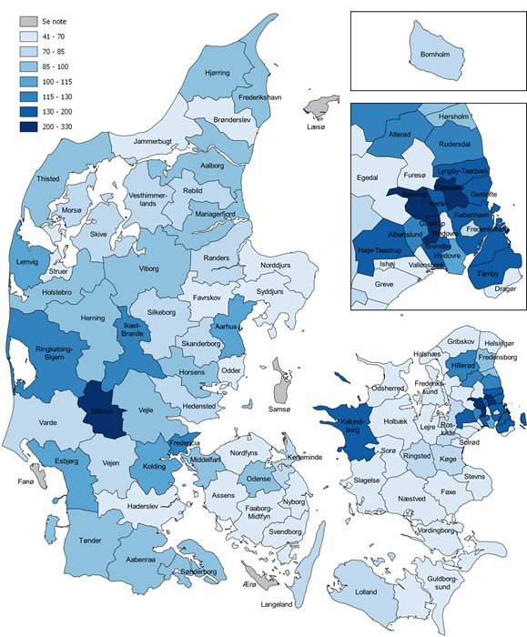 Figur 1. BNP pr. indbygger, 2017, hele landet = 100