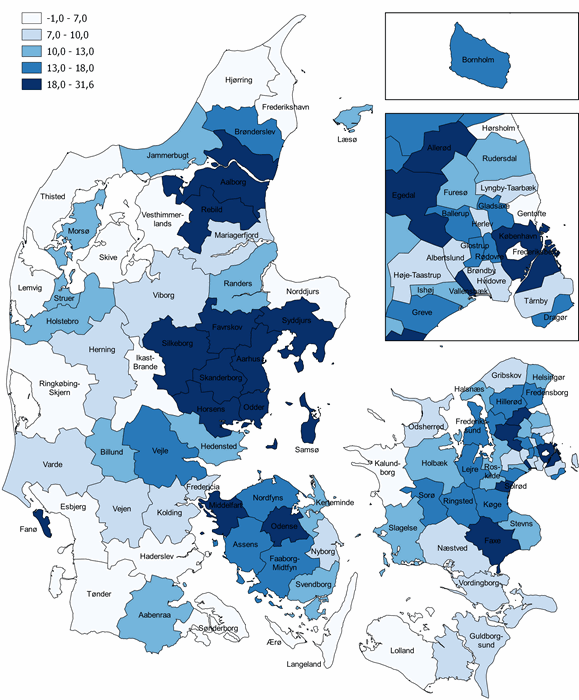 Figur 4. Ændring i antal 0-5-årige 2020-2030, pct.